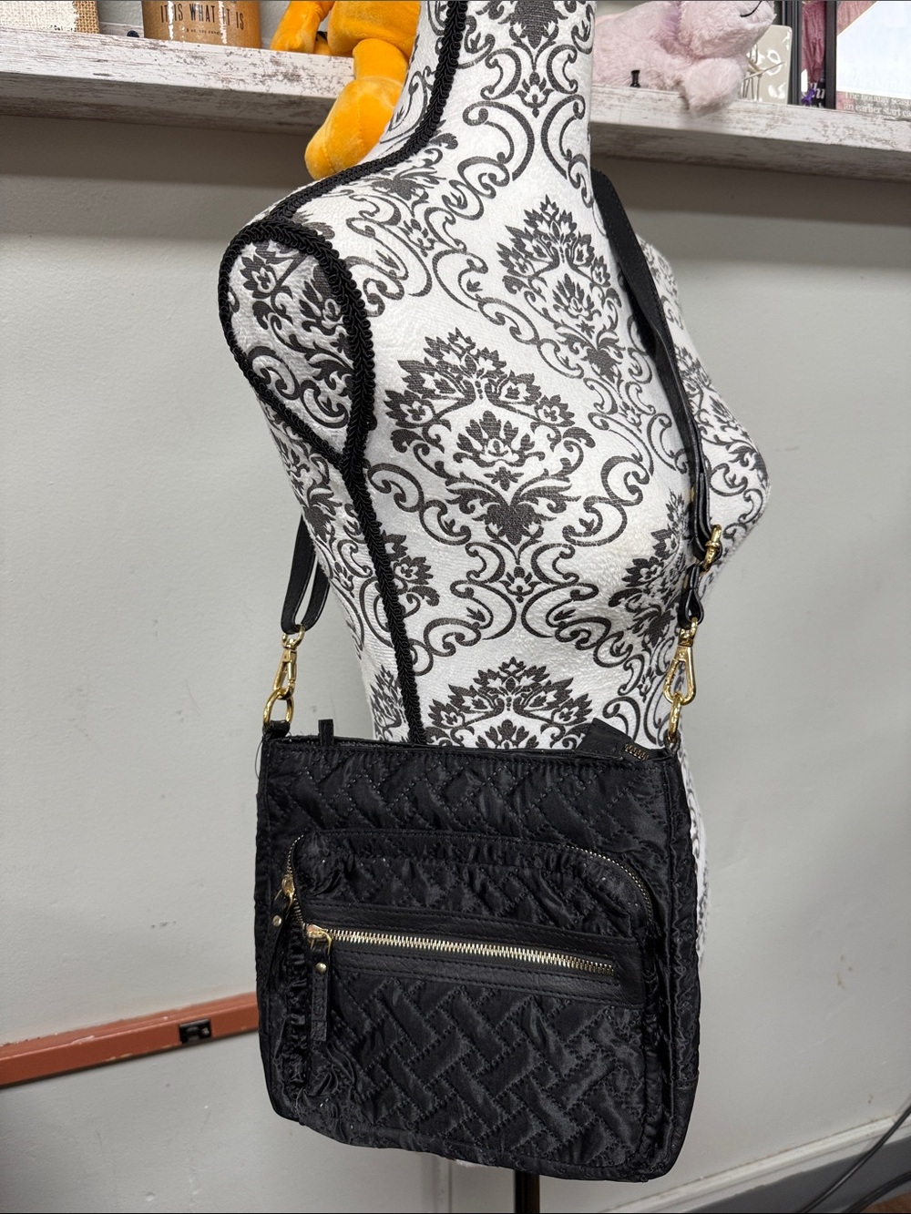 Mona B Black Quilted Crossbody Bag with Gold Hardware